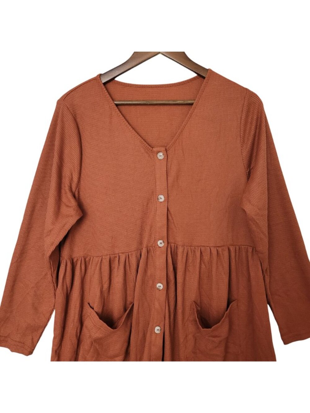 Cupshe Button Front Mini Dress Womens Sz XL Rust Orange Long Sleeve Pockets NWT - Picture 3 of 8